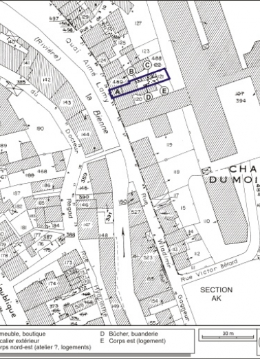 Plan-masse et de situation. Extrait du plan cadastral, 1980, section AI, échelle 1:1000. © Région Bourgogne-Franche-Comté, Inventaire du patrimoine