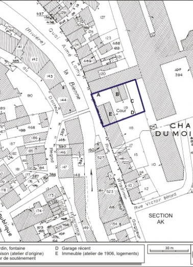Plan-masse et de situation. Extrait du plan cadastral, 1980, section AI, échelle 1:1000. © Région Bourgogne-Franche-Comté, Inventaire du patrimoine Plan-masse et de situation. Extrait du plan cadastral, 1980, section AI, échelle 1:1000. © Région Bourgogne-Franche-Comté, Inventaire du patrimoine