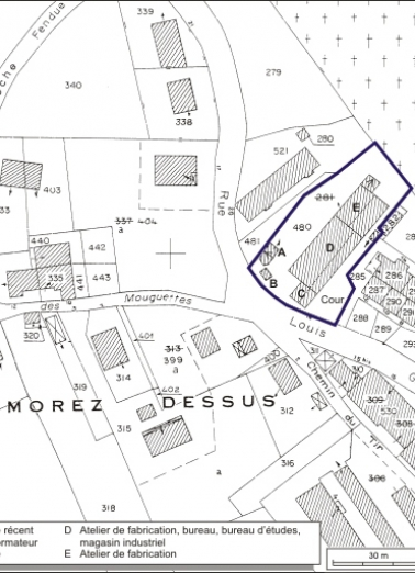 Plan-masse et de situation. Extrait du plan cadastral, 1980, section AI, échelle 1:1000. © Région Bourgogne-Franche-Comté, Inventaire du patrimoine