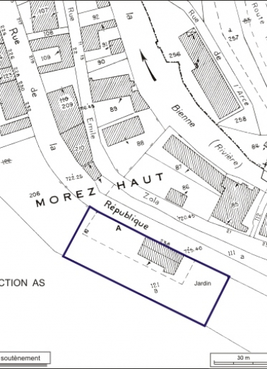 Plan-masse et de situation. Extrait du plan cadastral, 1980, section AK, échelle 1:1000. © Région Bourgogne-Franche-Comté, Inventaire du patrimoine Plan-masse et de situation. Extrait du plan cadastral, 1980, section AK, échelle 1:1000. © Région Bourgogne-Franche-Comté, Inventaire du patrimoine