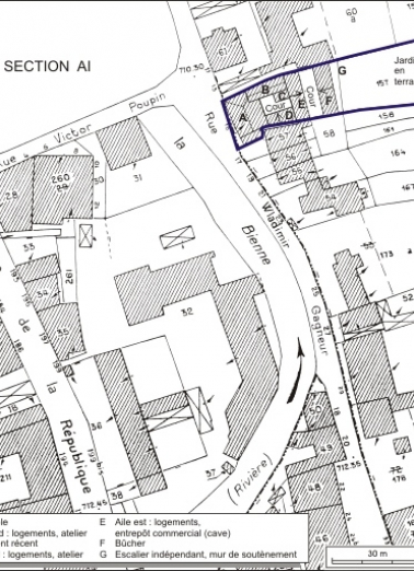 Plan-masse et de situation. Extrait du plan cadastral, 1980, section AK, échelle 1:1000. © Région Bourgogne-Franche-Comté, Inventaire du patrimoine Plan-masse et de situation. Extrait du plan cadastral, 1980, section AK, échelle 1:1000. © Région Bourgogne-Franche-Comté, Inventaire du patrimoine