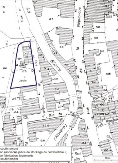 Plan-masse et de situation. Extrait du plan cadastral, 1980, section AE, échelle 1:1000. © Région Bourgogne-Franche-Comté, Inventaire du patrimoine