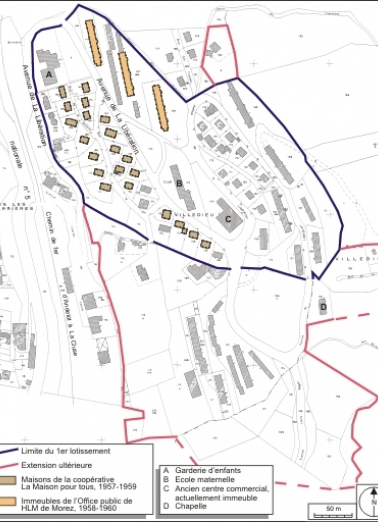 Plan-masse et de situation. Extrait du plan cadastral, 1980, section AD, échelle 1:1000 réduite à 1:3000. © Région Bourgogne-Franche-Comté, Inventaire du patrimoine