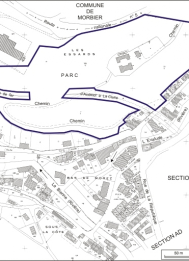 Plan de situation. Extrait du plan cadastral, 1980, section AB, échelle 1:1000 réduite à 1:2500. © Région Bourgogne-Franche-Comté, Inventaire du patrimoine