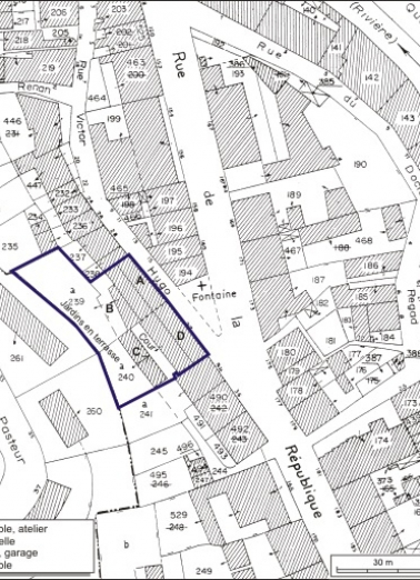 Plan-masse et de situation. Extrait du plan cadastral, 1980, section AI, échelle 1:1000. © Région Bourgogne-Franche-Comté, Inventaire du patrimoine
