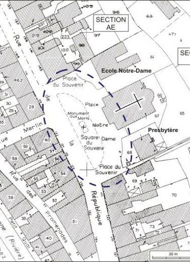 Plan de situation. Extrait du plan cadastral, 1980, sections AI et AE, échelle 1:1000. © Région Bourgogne-Franche-Comté, Inventaire du patrimoine