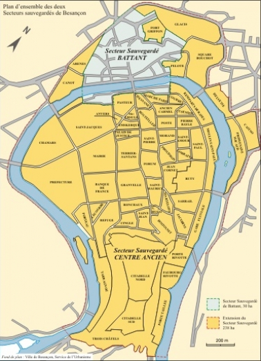 Plan d'ensemble des deux secteurs sauvegardés avec le nom des îlots du centre ancien. Fond de plan : Ville de Besançon, service de l'Urbanisme. © Région Bourgogne-Franche-Comté, Inventaire du patrimoine