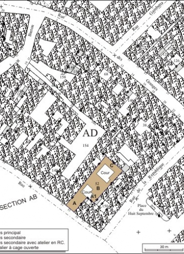 Plan masse et de situation. Extrait du plan cadastral, 1974, section AD. © Région Bourgogne-Franche-Comté, Inventaire du patrimoine