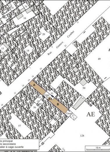 Plan masse et de situation. Extrait du plan cadastral, 1974, section AE. © Région Bourgogne-Franche-Comté, Inventaire du patrimoine