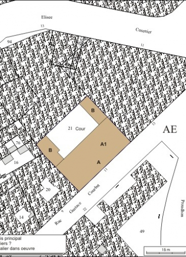 Plan masse et de situation. Extrait du plan cadastral, 1974, section AE. © Région Bourgogne-Franche-Comté, Inventaire du patrimoine