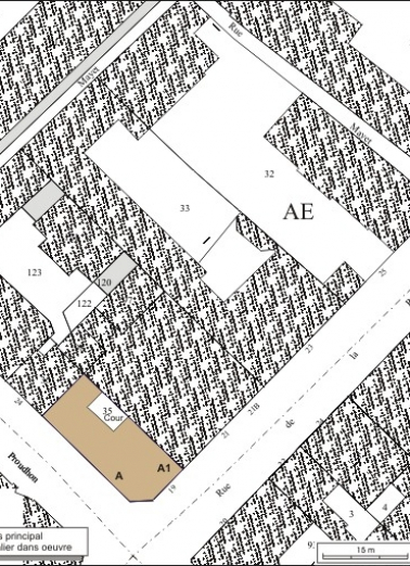 Plan masse et de situation. Extrait du plan cadastral, 1974, section AE. © Région Bourgogne-Franche-Comté, Inventaire du patrimoine