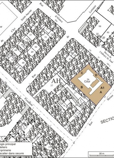 Plan masse et de situation. Extrait du plan cadastral, 1974, section AH. © Région Bourgogne-Franche-Comté, Inventaire du patrimoine