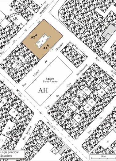 Plan masse et de situation. Extrait du plan cadastral, 1974, section AH. © Région Bourgogne-Franche-Comté, Inventaire du patrimoine