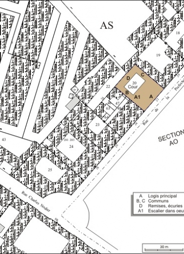 Plan masse et de situation. Extrait du plan cadastral, 1974, section AS. © Région Bourgogne-Franche-Comté, Inventaire du patrimoine