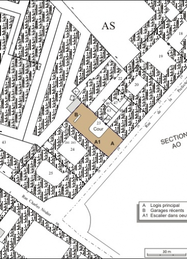 Plan masse et de situation. Extrait du plan cadastral, 1974, section AS. © Région Bourgogne-Franche-Comté, Inventaire du patrimoine