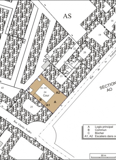 Plan masse et de situation. Extrait du plan cadastral, 1974, section AS. © Région Bourgogne-Franche-Comté, Inventaire du patrimoine