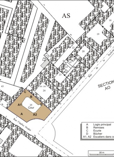 Plan masse et de situation. Extrait du plan cadastral, 1974, section AS. © Région Bourgogne-Franche-Comté, Inventaire du patrimoine