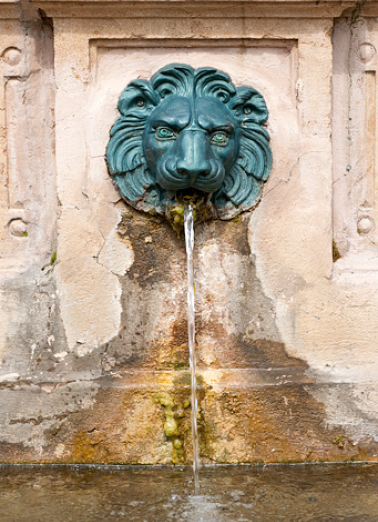 Tête de lion ornant la borne fontaine, vue de face. © Région Bourgogne-Franche-Comté, Inventaire du patrimoine