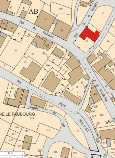 Plan masse et de situation. Extrait du plan cadastral, 2008, section AB, échelle 1:1 000. © Région Bourgogne-Franche-Comté, Inventaire du patrimoine