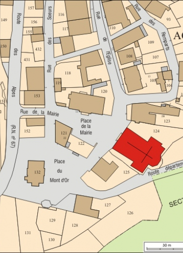 Plan masse et de situation. Extrait du plan cadastral, 2008, section AC, échelle 1:1 000.  © Région Bourgogne-Franche-Comté, Inventaire du patrimoine