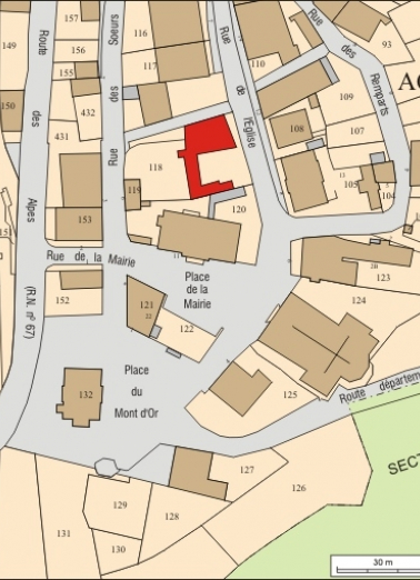 Plan masse et de situation. Extrait du plan cadastral, 2008, section AC, échelle 1:1 000. © Région Bourgogne-Franche-Comté, Inventaire du patrimoine