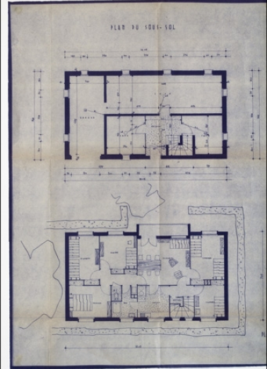 Maison individuelle économique et familiale type F6. Plans et coupe [détail : plan des deux premiers niveaux], 1956. © Région Bourgogne-Franche-Comté, Inventaire du patrimoine
