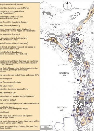 Plan de localisation des ateliers de fabrication et des usines : partie nord. © Région Bourgogne-Franche-Comté, Inventaire du patrimoine Plan de localisation des ateliers de fabrication et des usines : partie nord. © Région Bourgogne-Franche-Comté, Inventaire du patrimoine