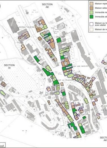 Plan de répartition typologique des maisons et des immeubles : section AI, partie est. Extrait du plan cadastral, 1980, section AI, échelle 1:1000 réduite à 1:3000. © Région Bourgogne-Franche-Comté, Inventaire du patrimoine