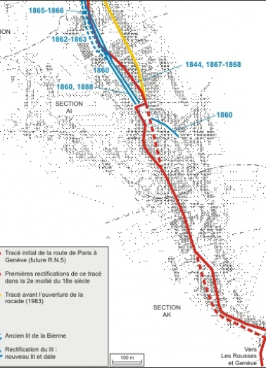 Plan des rectifications du tracé de la route de Paris à Genève et du cours de la Bienne : partie sud. Montage de feuilles cadastrales, 1980, sections AE, AI et AK, échelle 1:1000 réduite à 1:6000. © Région Bourgogne-Franche-Comté, Inventaire du patrimoine Plan des rectifications du tracé de la route de Paris à Genève et du cours de la Bienne : partie sud. Montage de feuilles cadastrales, 1980, sections AE, AI et AK, échelle 1:1000 réduite à 1:6000. © Région Bourgogne-Franche-Comté, Inventaire du patrimoine