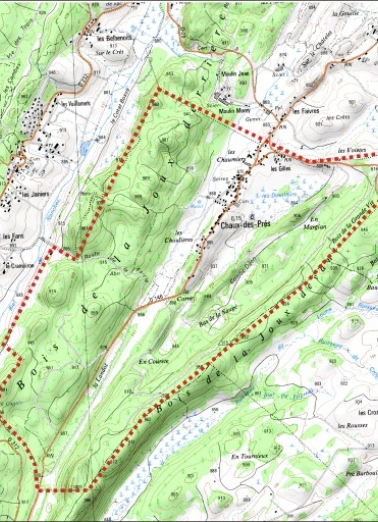 Carte des limites de la commune. Extrait de la carte IGN, échelle 1/25 000 ; SCAN 25 (c) IGN - 2008, Licence n° 2008CISE29-68. © Région Bourgogne-Franche-Comté, Inventaire du patrimoine