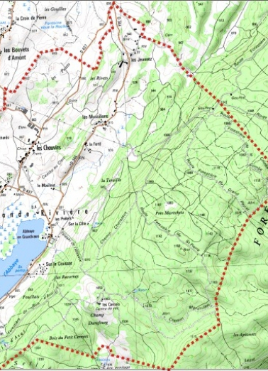 Carte des limites de la commune, partie est. Extrait de la carte IGN, échelle 1/25 000 ; SCAN 25 (c) IGN - 2008, Licence n° 2008CISE29-68. © Région Bourgogne-Franche-Comté, Inventaire du patrimoine