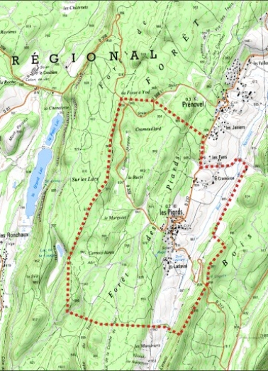 Carte des limites de la commune. Extrait de la carte IGN, échelle 1/25 000 ; SCAN 25 (c) IGN - 2008, Licence n° 2008CISE29-68. © Région Bourgogne-Franche-Comté, Inventaire du patrimoine