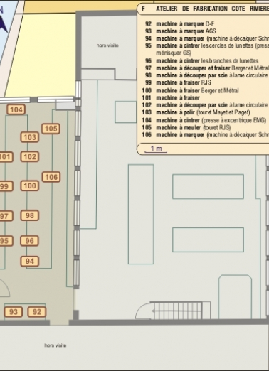 Atelier de fabrication côté rivière : schéma de distribution des machines. Echelle 1:90. © Région Bourgogne-Franche-Comté, Inventaire du patrimoine