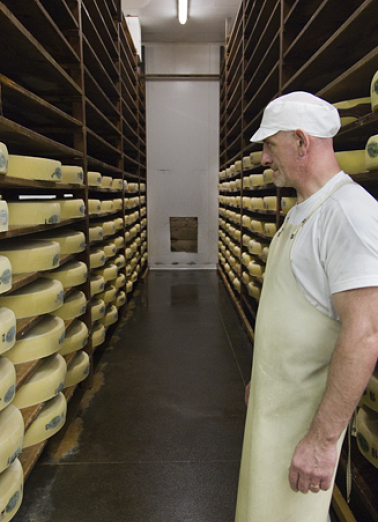Fabrication du comté : cave d'affinage, avec le fromager. © Région Bourgogne-Franche-Comté, Inventaire du patrimoine