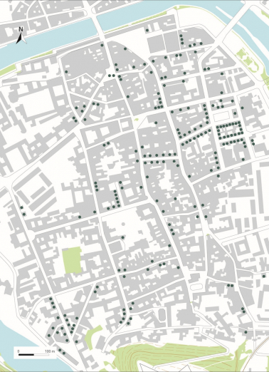 Carte de répartition des immeubles du XIXe siècle. Source : couche "patrimoine" du système d'information géographique de la ville. © Région Bourgogne-Franche-Comté, Inventaire du Patrimoine