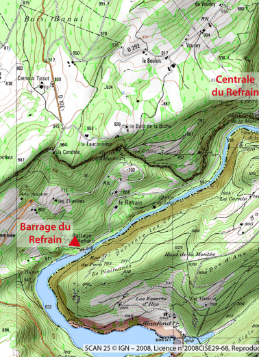 Localisation du barrage et de la centrale, sur la carte IGN au 1/25 000. © Région Bourgogne-Franche-Comté, Inventaire du patrimoine Localisation du barrage et de la centrale, sur la carte IGN au 1/25 000. © Région Bourgogne-Franche-Comté, Inventaire du patrimoine