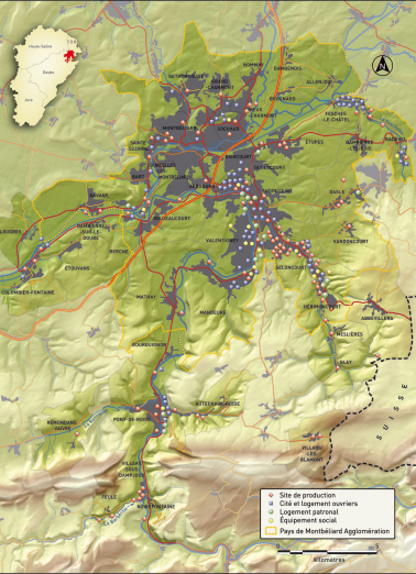 Carte du patrimoine industriel du Pays de Montbéliard. Fonds IGN, 2014. © Région Bourgogne-Franche-Comté, Inventaire du patrimoine