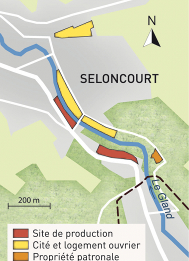 Carte du patrimoine industriel Japy (commune de Seloncourt). Fonds cartographique IGN, 2014. © Région Bourgogne-Franche-Comté, Inventaire du patrimoine