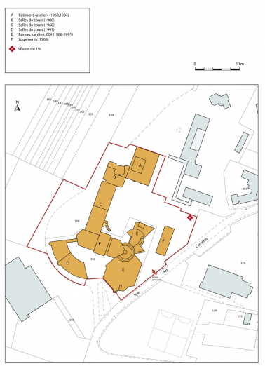 Plan-masse et de situation. Extrait du plan cadastral numérisé, section BT, échelle 1:1000. © Région Bourgogne-Franche-Comté, Inventaire du patrimoine