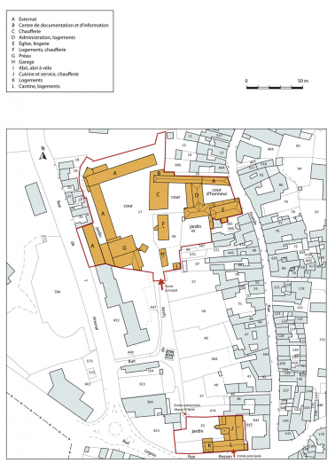 Plan-masse et de situation. Extrait du plan cadastral numérisé, section AC, échelle 1:1000. © Région Bourgogne-Franche-Comté, Inventaire du patrimoine