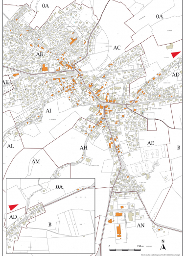 Carte de localisation des sites horlogers étudiés. Extrait du plan cadastral, 2015, sections AB à AI, AK à AN, B et OA. © Région Bourgogne-Franche-Comté, Inventaire du patrimoine Carte de localisation des sites horlogers étudiés. Extrait du plan cadastral, 2015, sections AB à AI, AK à AN, B et OA. © Région Bourgogne-Franche-Comté, Inventaire du patrimoine