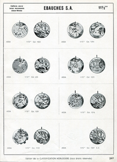 Ebauches S.A. Calibres ancre 11 1/2''' [exemples de mouvements automatiques avec échappement à ancre au calibre 11 1/2 lignes, 1ère planche], 1949. © Région Bourgogne-Franche-Comté, Inventaire du patrimoine
