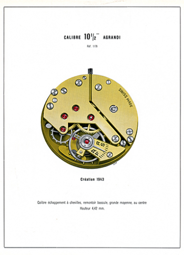 Calibre 10 1/2''' agrandi. Ref. 984. Création 1936. Calibre ancre à vue, savonnette à seconde. Hauteur 4,00 mm, 1949. © Région Bourgogne-Franche-Comté, Inventaire du patrimoine