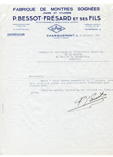 Papier à en-tête de la fabrique de montres P. Bessot-Frésard et ses Fils, 9 octobre 1951. © Région Bourgogne-Franche-Comté, Inventaire du patrimoine