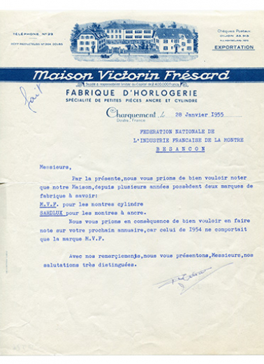 Papier à en-tête de la fabrique d’horlogerie Victorin Frésard (10-14 rue du Château), 28 janvier 1955. © Région Bourgogne-Franche-Comté, Inventaire du patrimoine Papier à en-tête de la fabrique d’horlogerie Victorin Frésard (10-14 rue du Château), 28 janvier 1955. © Région Bourgogne-Franche-Comté, Inventaire du patrimoine