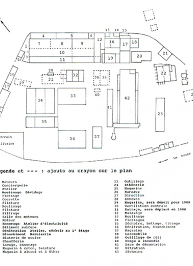 Distribution des ateliers en 1906. Croquis d'après le plan de 1906, échelle approximative 1/500. © Région Bourgogne-Franche-Comté, Inventaire du patrimoine
