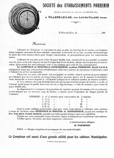 Publicité pour le "compteur de minutes et avertisseur Parrenin", [décennie 1910]. © Région Bourgogne-Franche-Comté, Inventaire du patrimoine