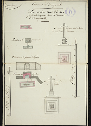 Plan de deux croix et fontaines à réparer.  © Région Bourgogne-Franche-Comté, Inventaire du patrimoine Plan de deux croix et fontaines à réparer.  © Région Bourgogne-Franche-Comté, Inventaire du patrimoine
