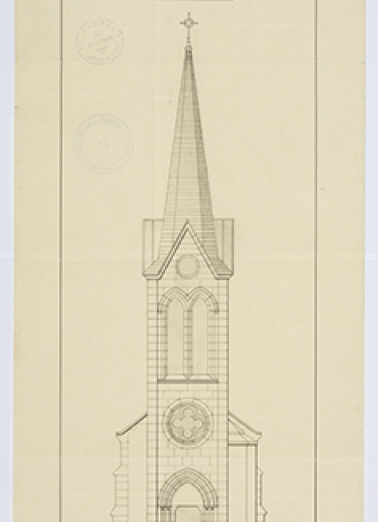 Projet de reconstruction de l'église de Corre. Elévation de la façade principale. [plan, 1897] © Région Bourgogne-Franche-Comté, Inventaire du patrimoine