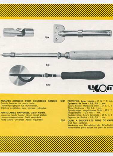 Agrafes jumelées pour courroies rondes, porte-lames universel, porte-vis et outil à souder les pieds de cadran, s.d. [années 1960-1970]. © Région Bourgogne-Franche-Comté, Inventaire du patrimoine